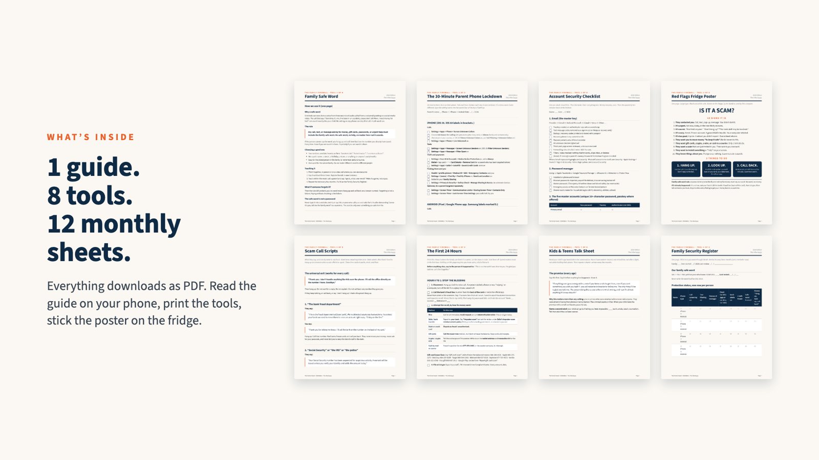 The eight printable Family Firewall tools laid out as pages.