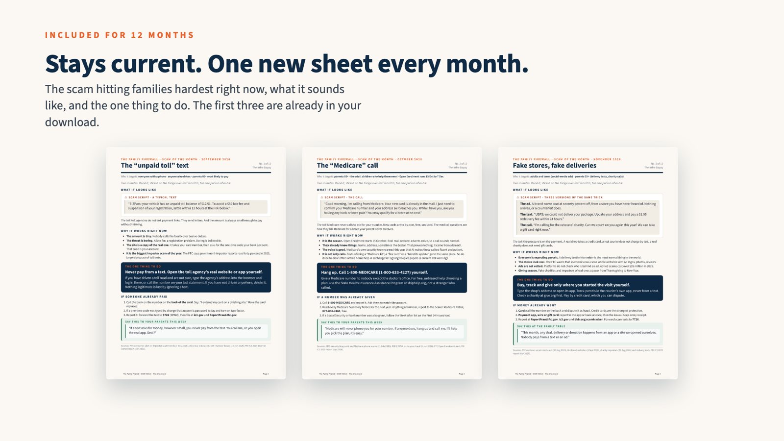 Three Scam of the Month sheets: unpaid toll text, Medicare call, and fake deliveries.