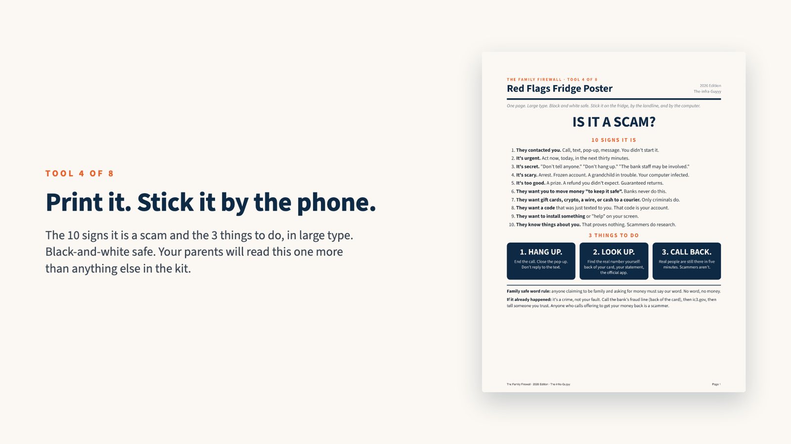 Red Flags Fridge Poster: Is it a scam? Hang up. Look up. Call back.