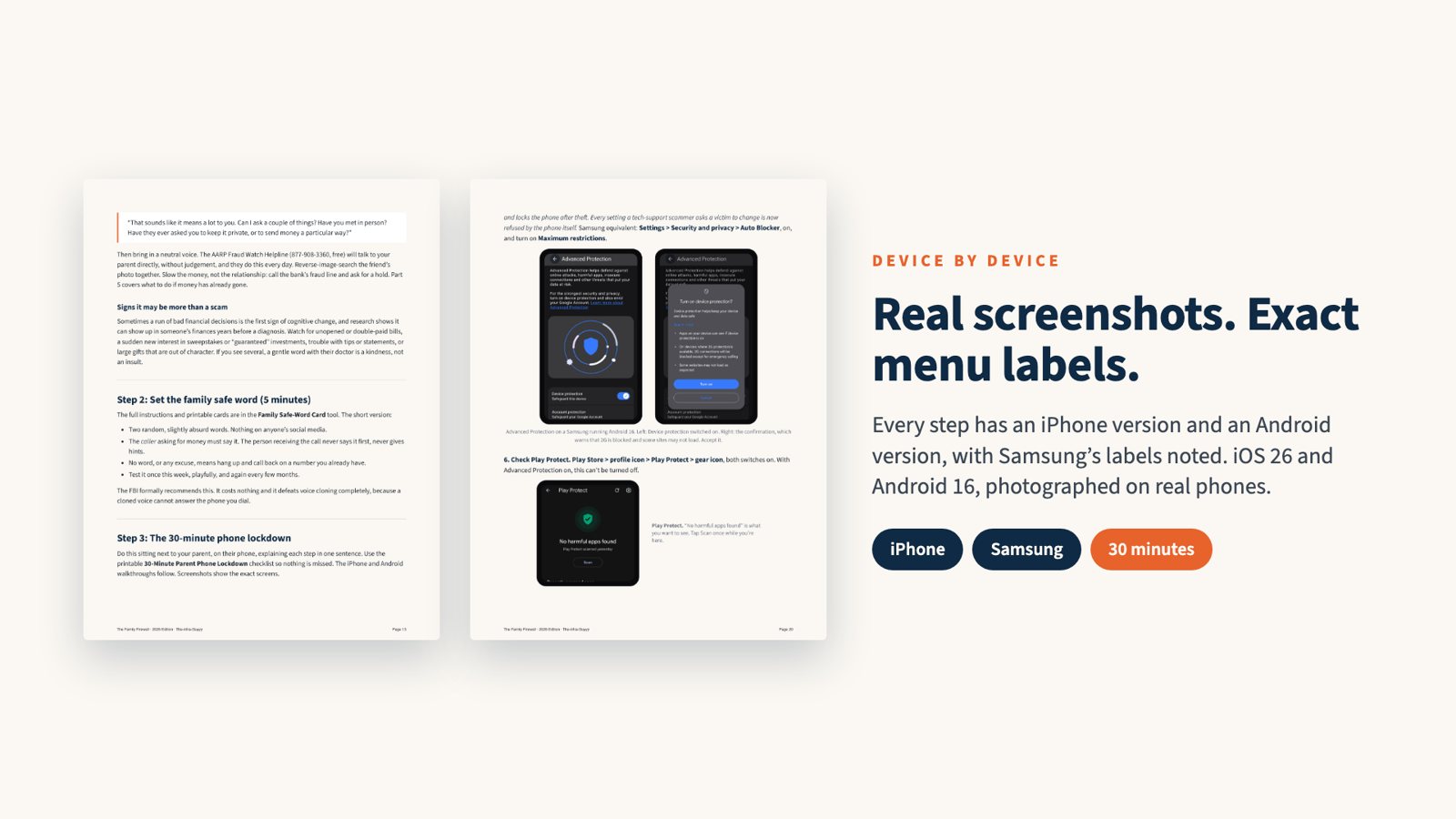 Guide pages with real iPhone and Samsung screenshots and exact menu labels.